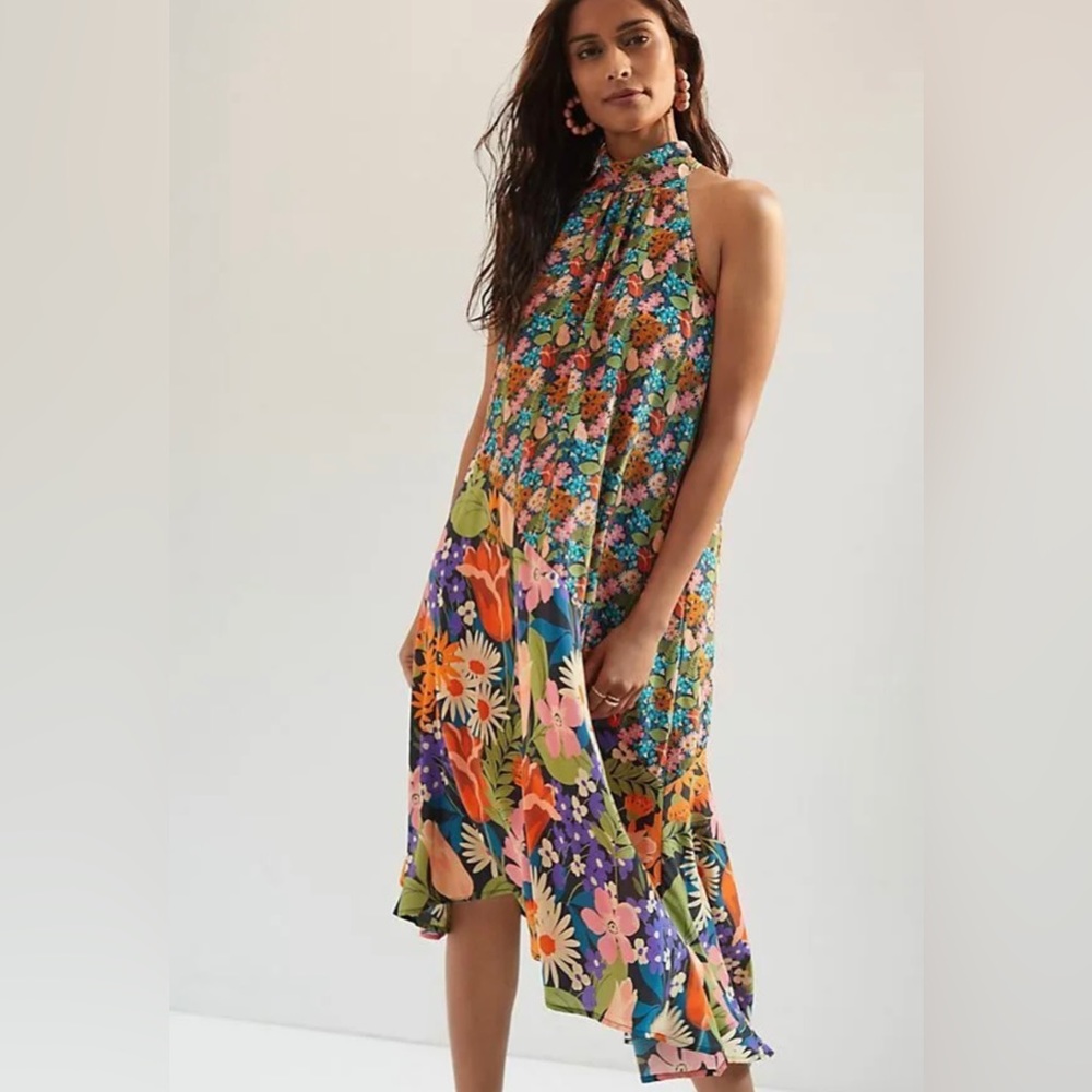 Anthropologie Silk Halter Midi Dress SIZE L